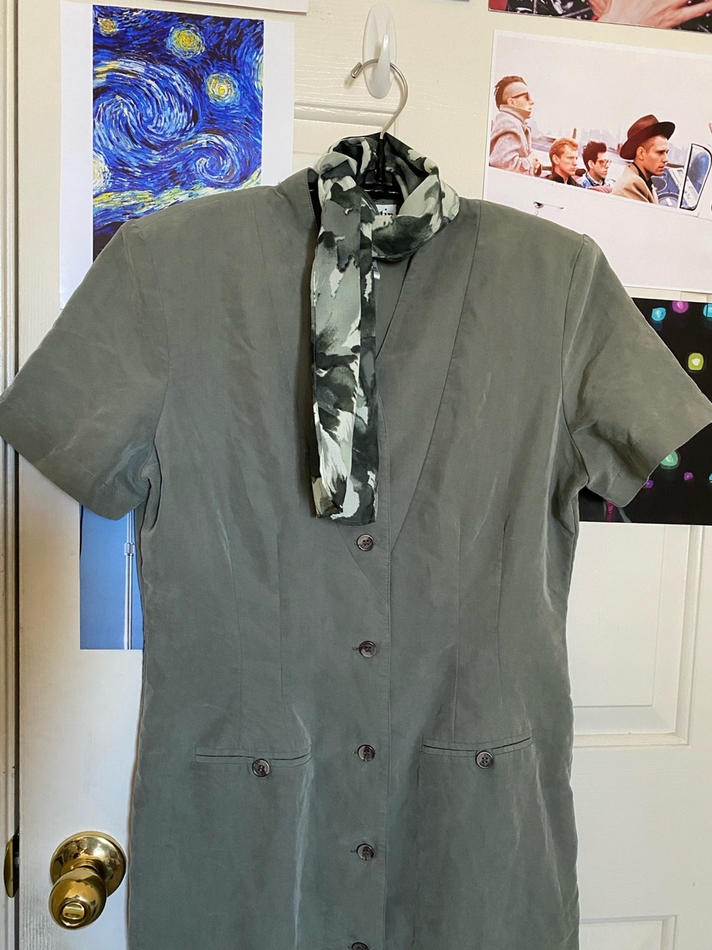 Sheri Martin Vintage 90s Green Tie Back Dress With a Green Patterned Scarf
